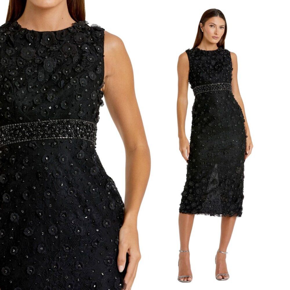 Mac Duggal 67853 Size 10 Black 3D Floral Applique Sleeveless‎ Midi Formal Dress